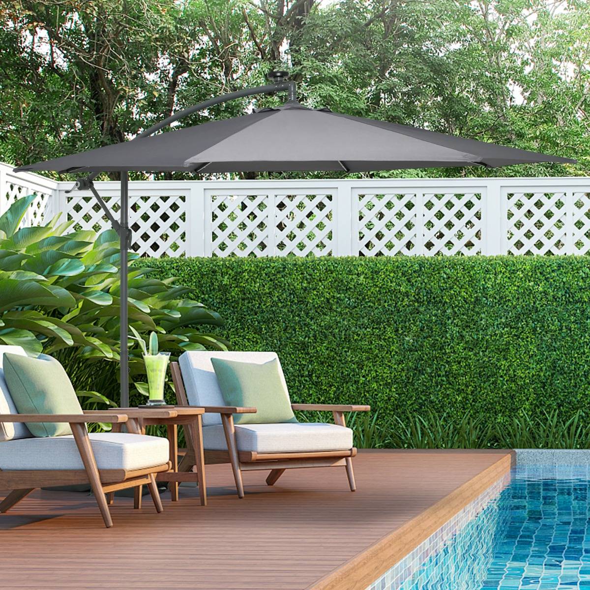 Maison Chic - Parasol Déporté de 3 m avec 32 Lumières LED Panneau Solaire Batterie, Sac de Sable Auvent Imperméable Parasol pour Jardin Piscine Patio Gris - Image 6