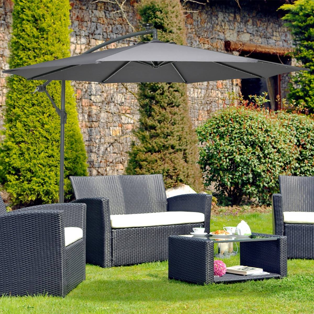 Maison Chic - Parasol Déporté de 3 m avec 32 Lumières LED Panneau Solaire Batterie, Sac de Sable Auvent Imperméable Parasol pour Jardin Piscine Patio Gris - Image 5