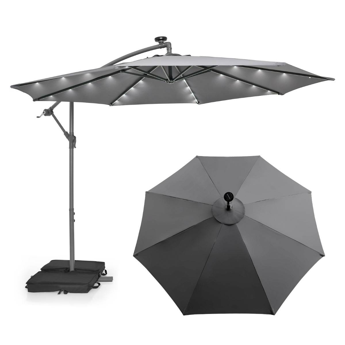 Maison Chic - Parasol Déporté de 3 m avec 32 Lumières LED Panneau Solaire Batterie, Sac de Sable Auvent Imperméable Parasol pour Jardin Piscine Patio Gris - Image 1