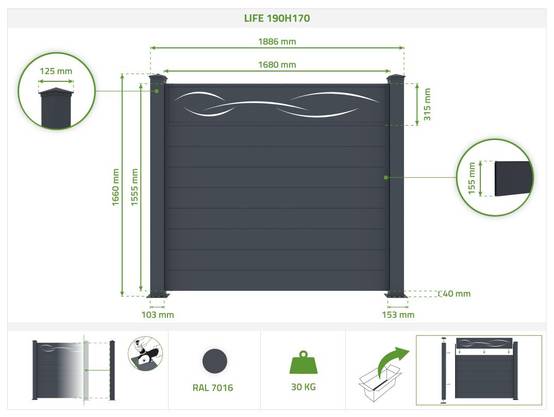 Casanoov Lot de 2 kits de clôture aluminium LIFE H.170 cm - kits complet 3.8m - Image 2