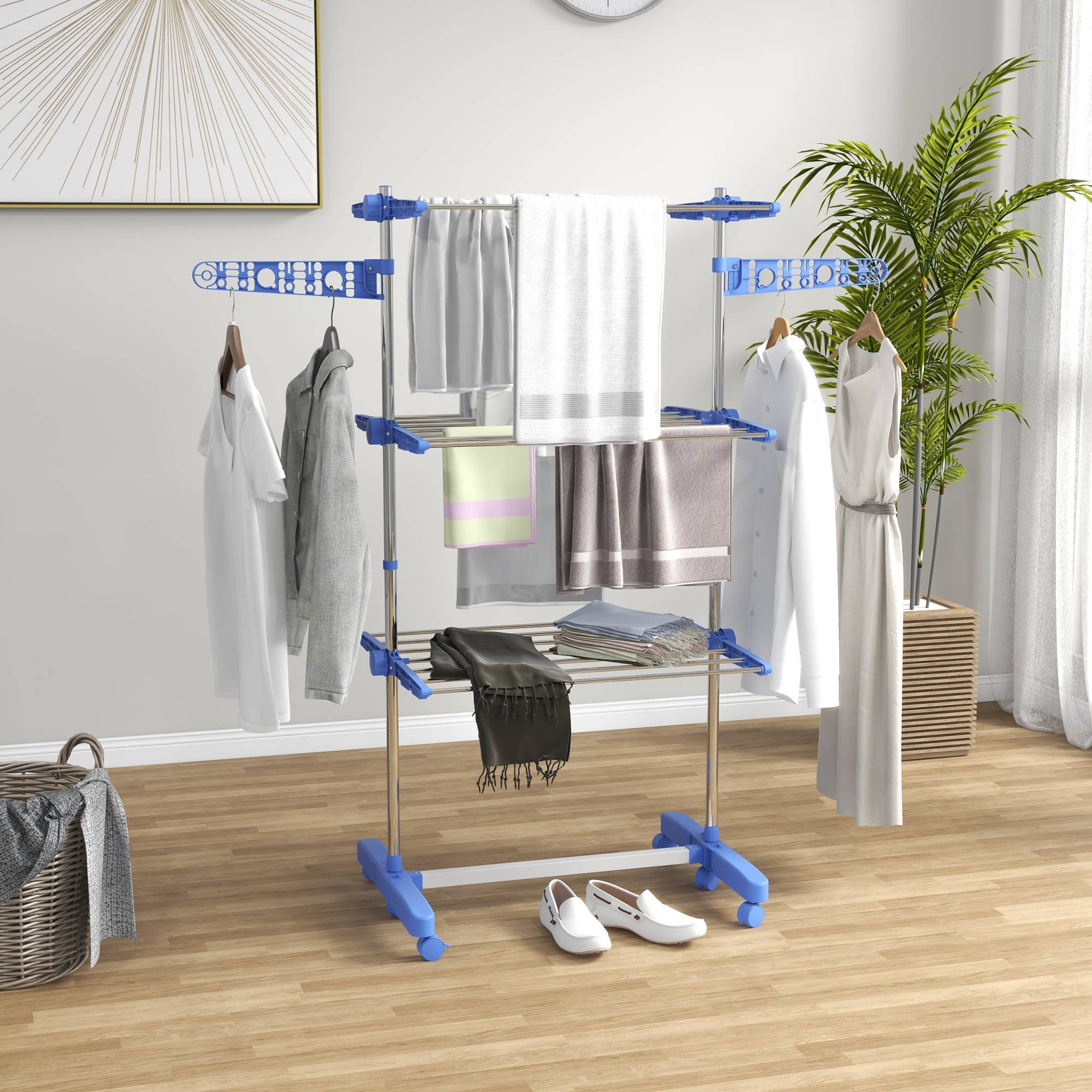 Homcom - Séchoir à Linge Pliable avec Ailes latérales 142x55x152cm Utilisation intérieure/extérieure 3 Niveaux Bleu - HOMCOM - Image 2