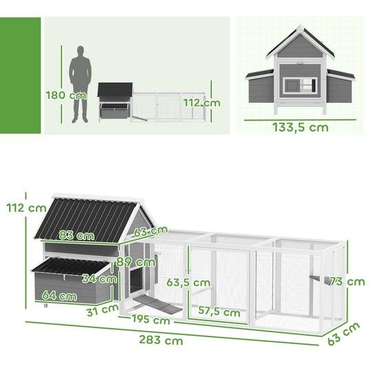 Poulailler avec pondoir bois de sapin gris 283 x 133.5 x 112 cm - PANGIVO - Image 5