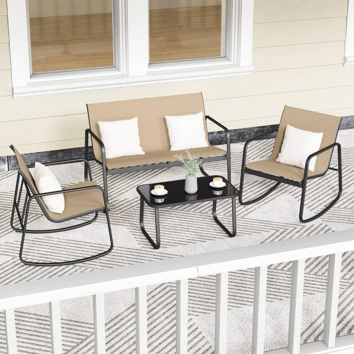 Ensemble de Meubles de Jardin 4 Pièces avec Mouvement de Balancement Doux Mobilier de Terrasse Marron MAISON CHIC - Image 4