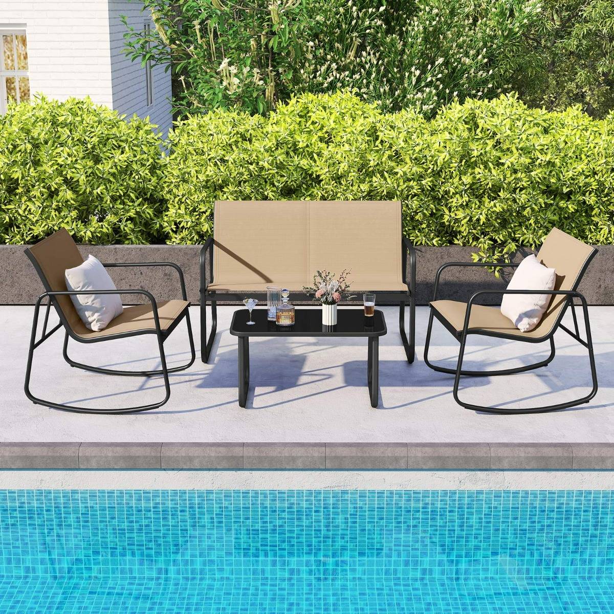 Ensemble de Meubles de Jardin 4 Pièces avec Mouvement de Balancement Doux Mobilier de Terrasse Marron MAISON CHIC - Image 2
