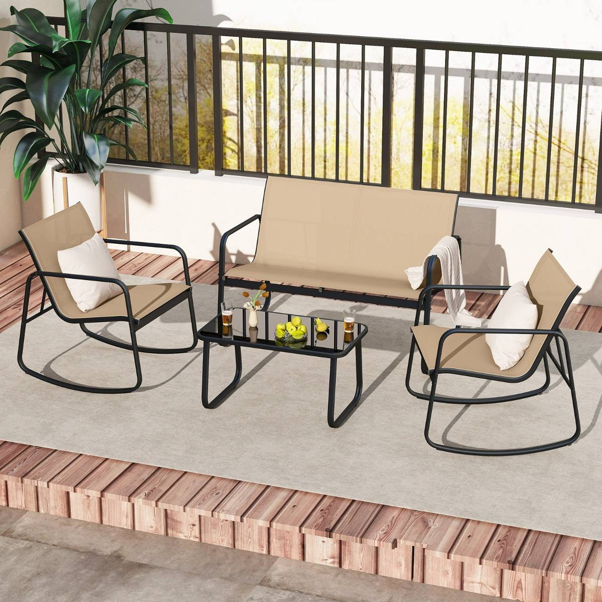 Ensemble de Meubles de Jardin 4 Pièces avec Mouvement de Balancement Doux Mobilier de Terrasse Marron MAISON CHIC - Image 3
