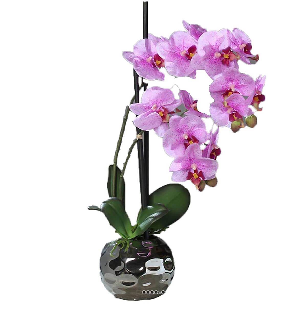 Artificielles - Orchidee artificielle 2 hampes en boule ceramique Argent H 50 cm Rose - couleur: Rose - Imagen 1