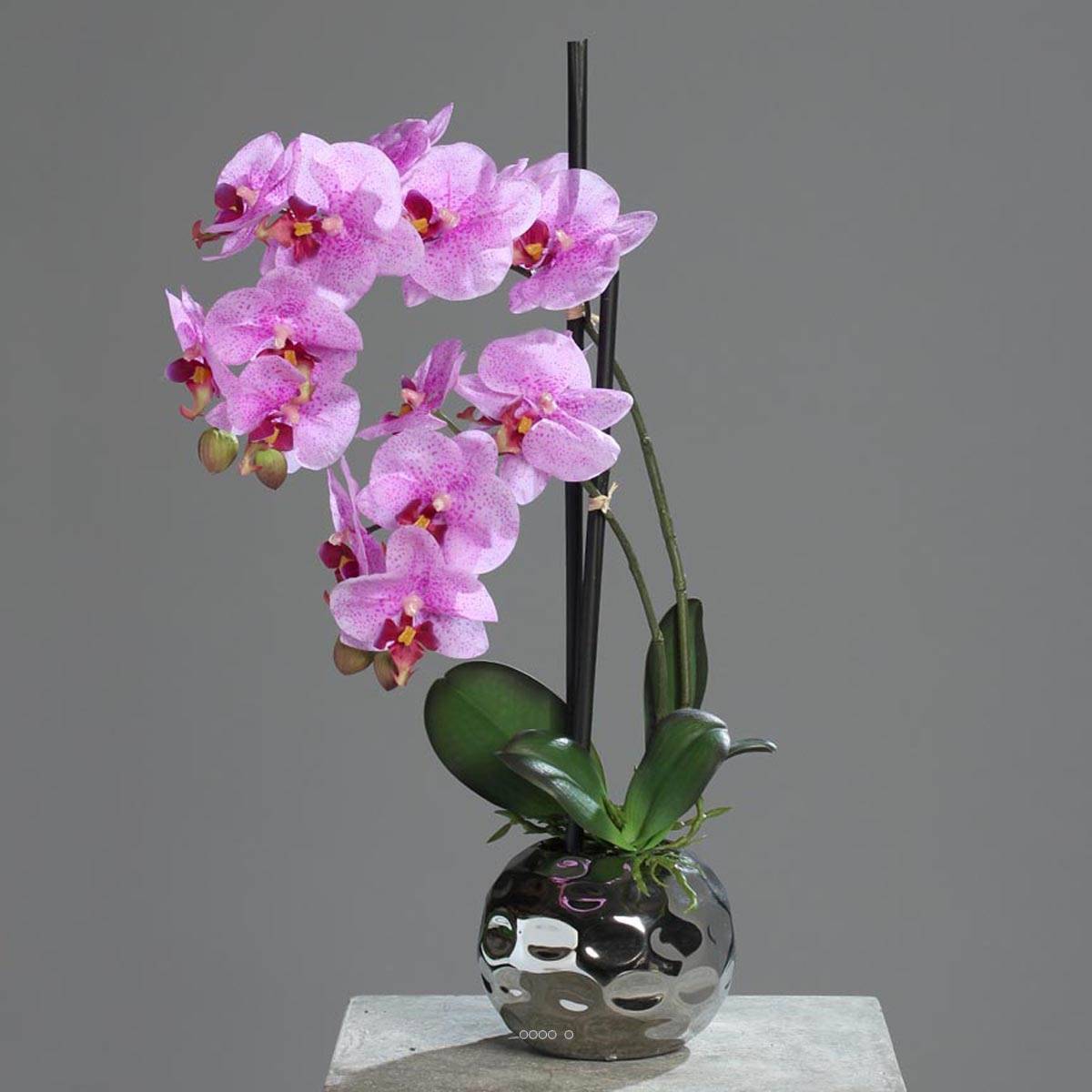 Artificielles - Orchidee artificielle 2 hampes en boule ceramique Argent H 50 cm Rose - couleur: Rose - Imagen 2