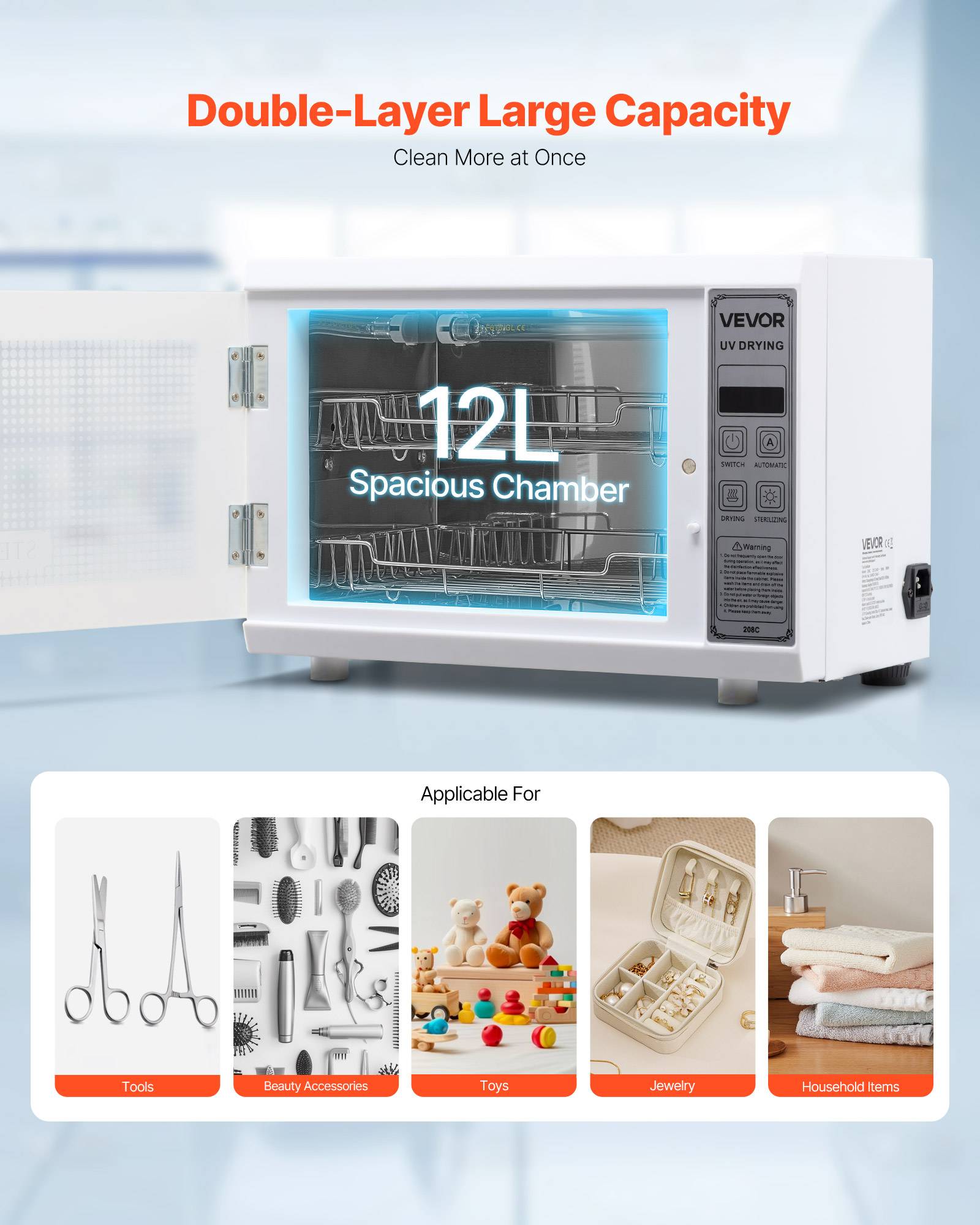VEVOR Stérilisateur UV 12L multifonction. Minuterie, longueur d'onde 185nm. Pour labo, maison, salon de beauté. - Image 3