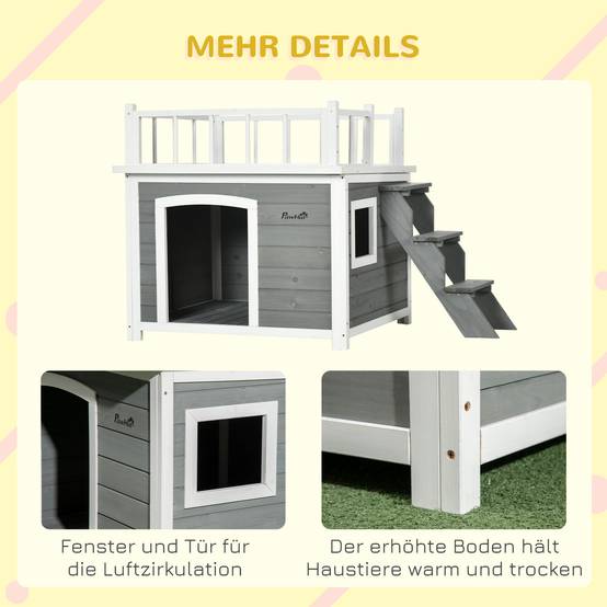 Nic en bois naturel avec toit‑terrasse, escalier, fenêtre, hauteur sous sol, 121×77×78 cm, Gris clair - Image 9