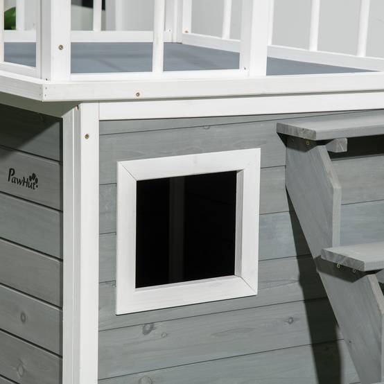 Nic en bois naturel avec toit‑terrasse, escalier, fenêtre, hauteur sous sol, 121×77×78 cm, Gris clair - Image 10