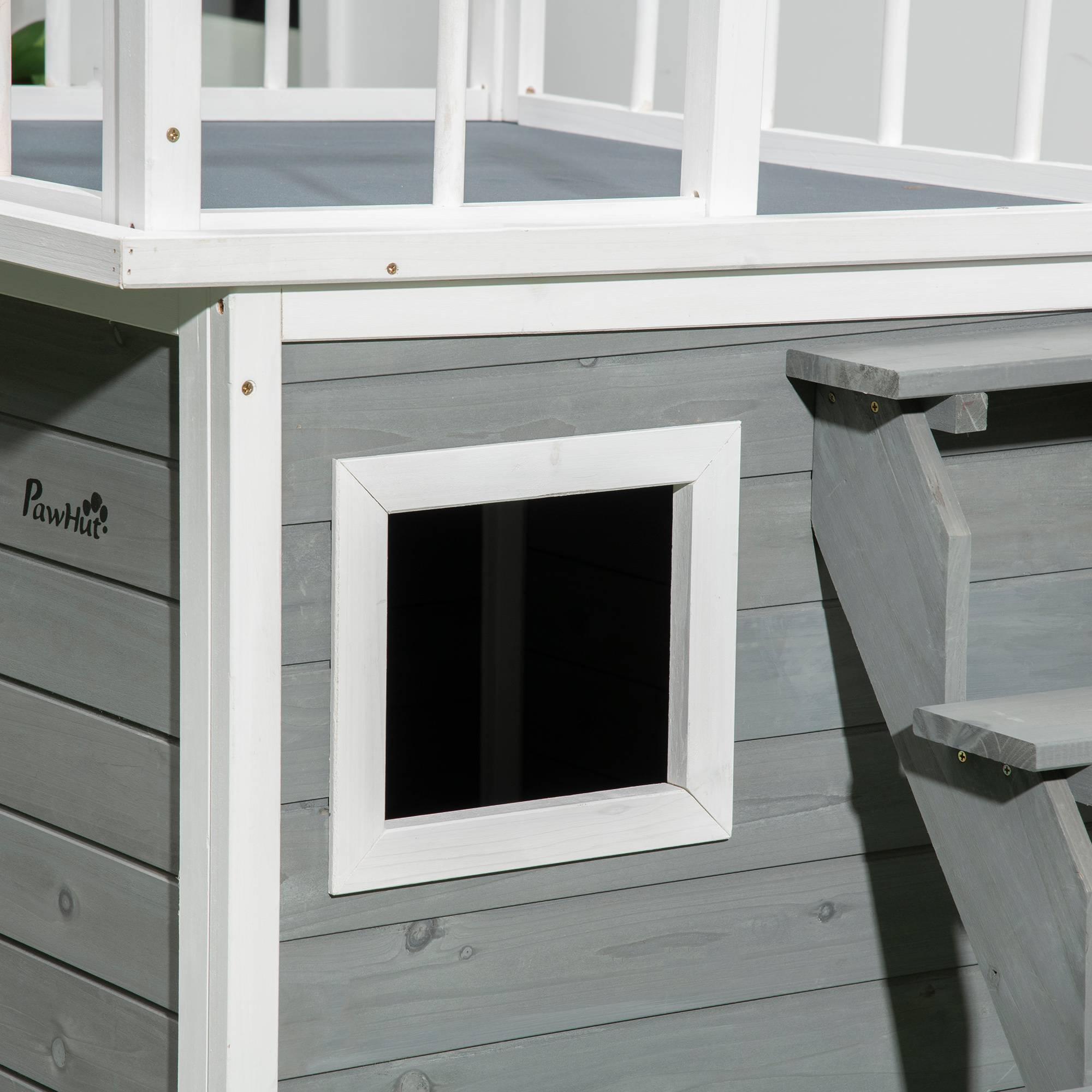 Nic en bois naturel avec toit‑terrasse, escalier, fenêtre, hauteur sous sol, 121×77×78 cm, Gris clair - Image 10