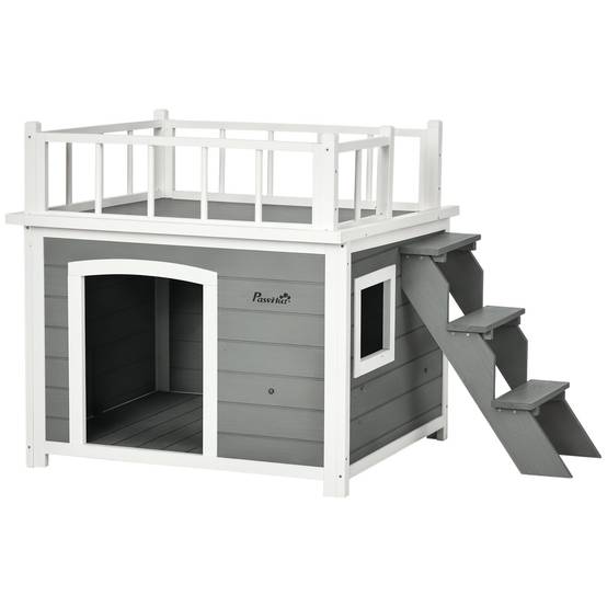 Nic en bois naturel avec toit‑terrasse, escalier, fenêtre, hauteur sous sol, 121×77×78 cm, Gris clair - Image 1
