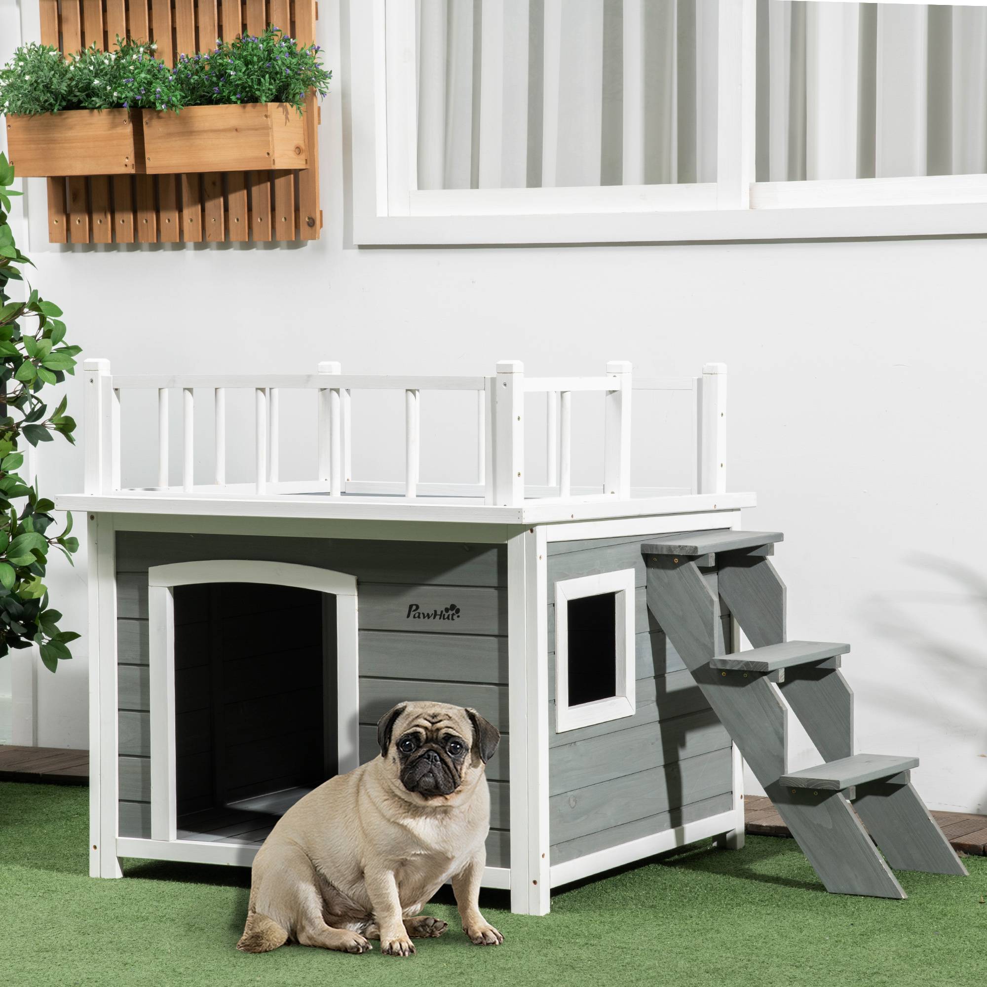 Nic en bois naturel avec toit‑terrasse, escalier, fenêtre, hauteur sous sol, 121×77×78 cm, Gris clair - Image 4