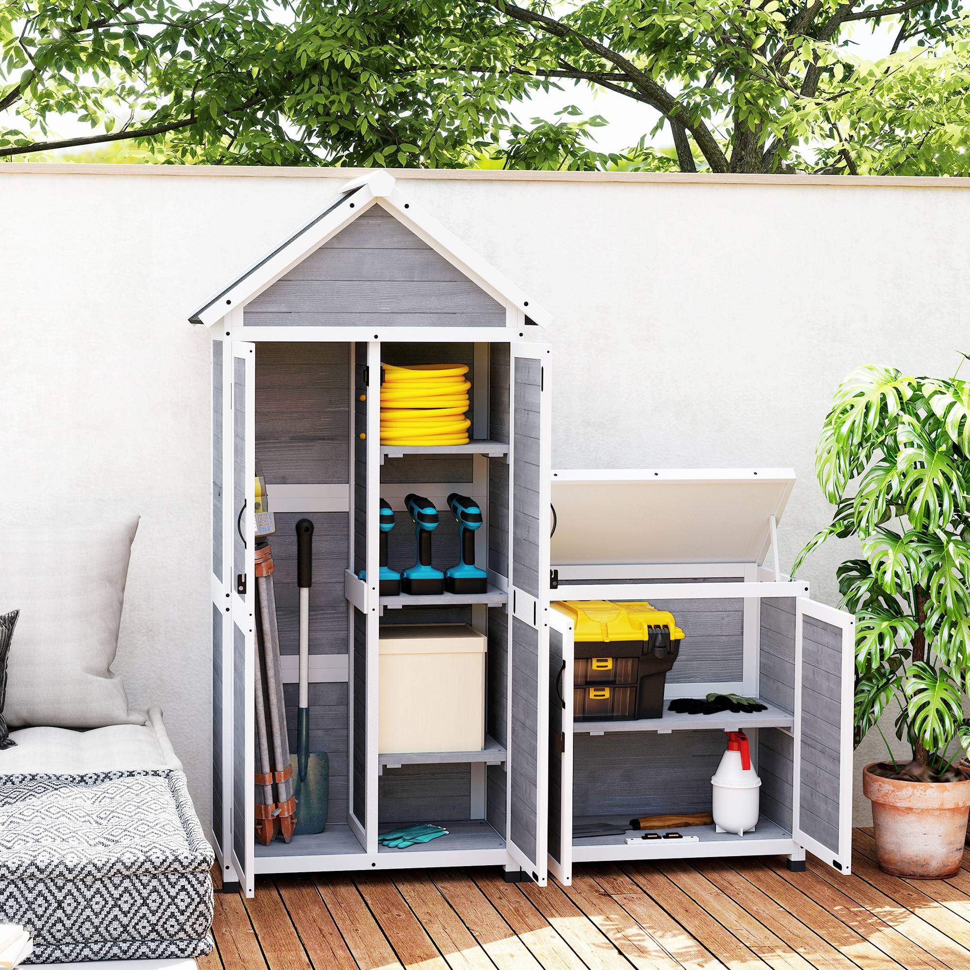 Abri de jardin avec rangement, étagères réglables, portes verrouillables, étanche, épicéa, gris clair - Image 4