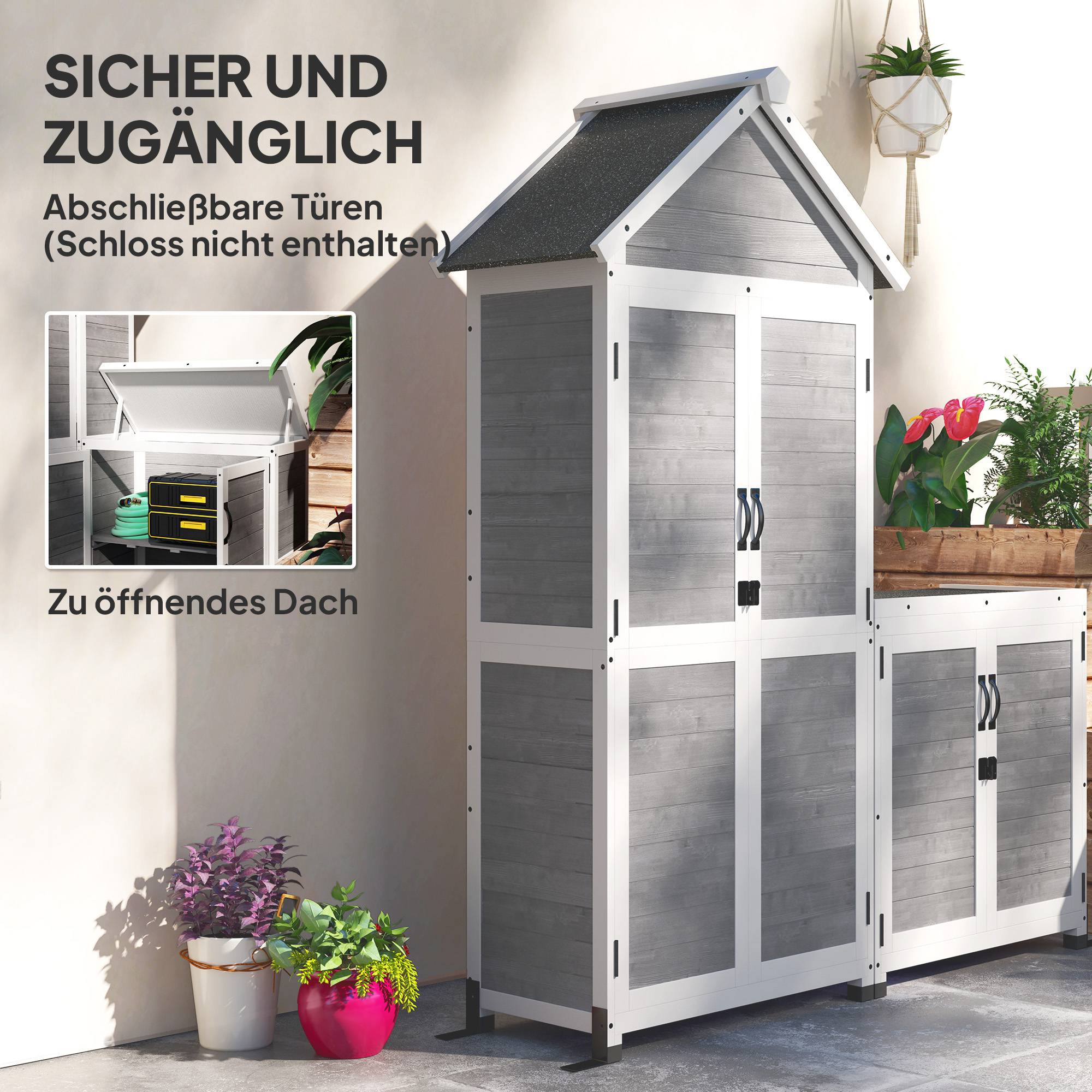 Abri de jardin avec rangement, étagères réglables, portes verrouillables, étanche, épicéa, gris clair - Image 10