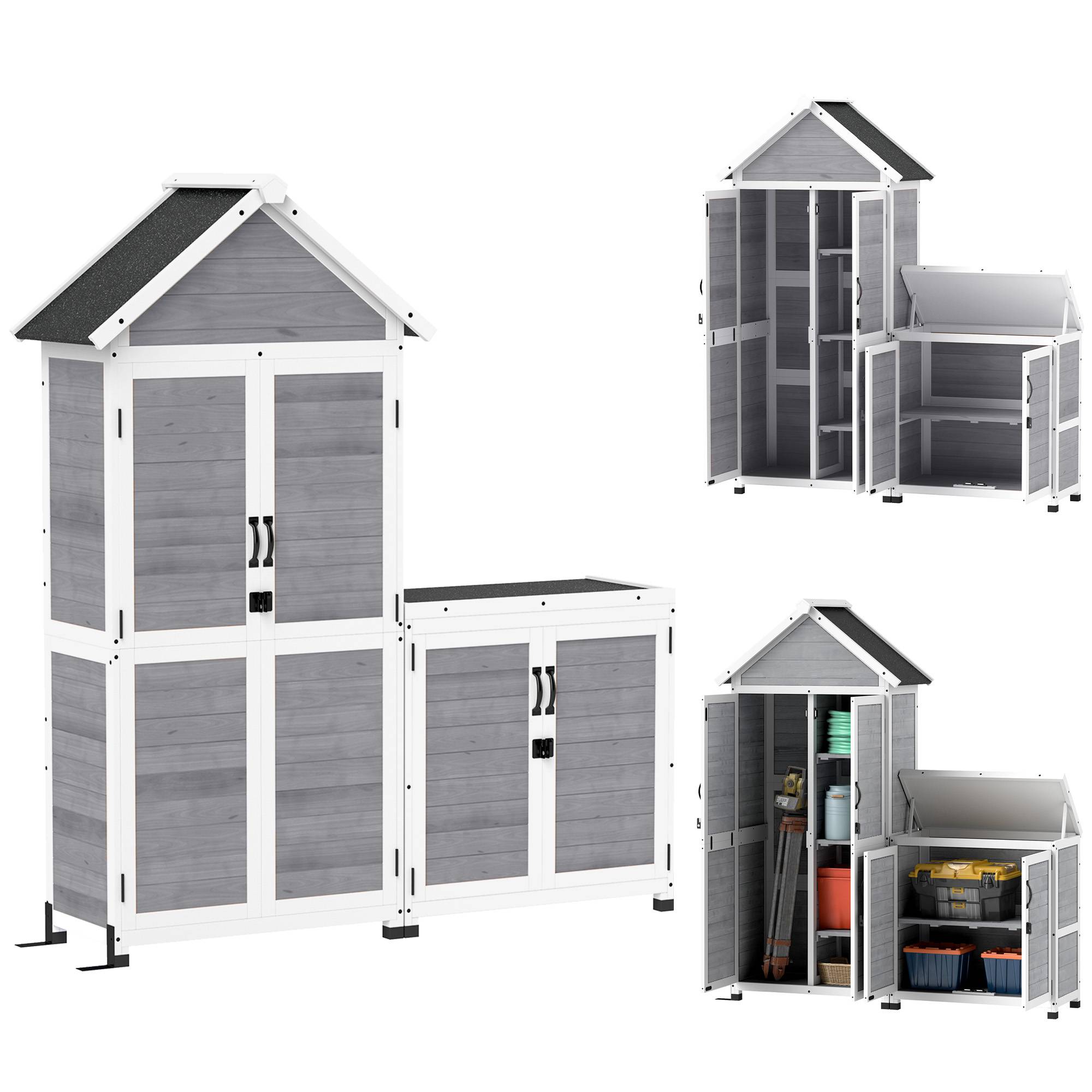 Abri de jardin avec rangement, étagères réglables, portes verrouillables, étanche, épicéa, gris clair - Image 1