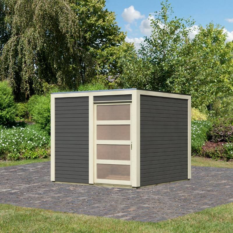 Abri de jardin 6,05m² bois massif vitrifié gris toit plat porte coulissante Karibu - Image 1