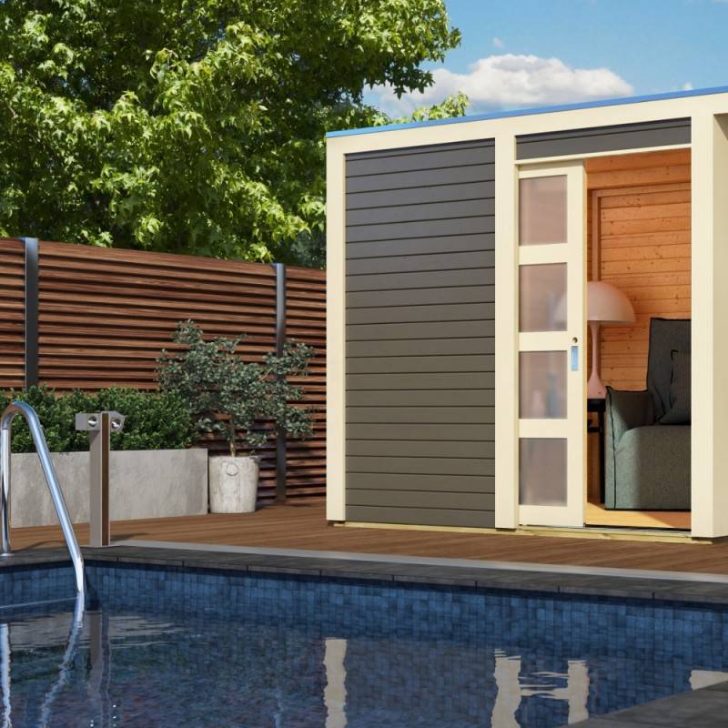 Abri de jardin 6,05m² bois massif vitrifié gris toit plat porte coulissante Karibu - Image 2