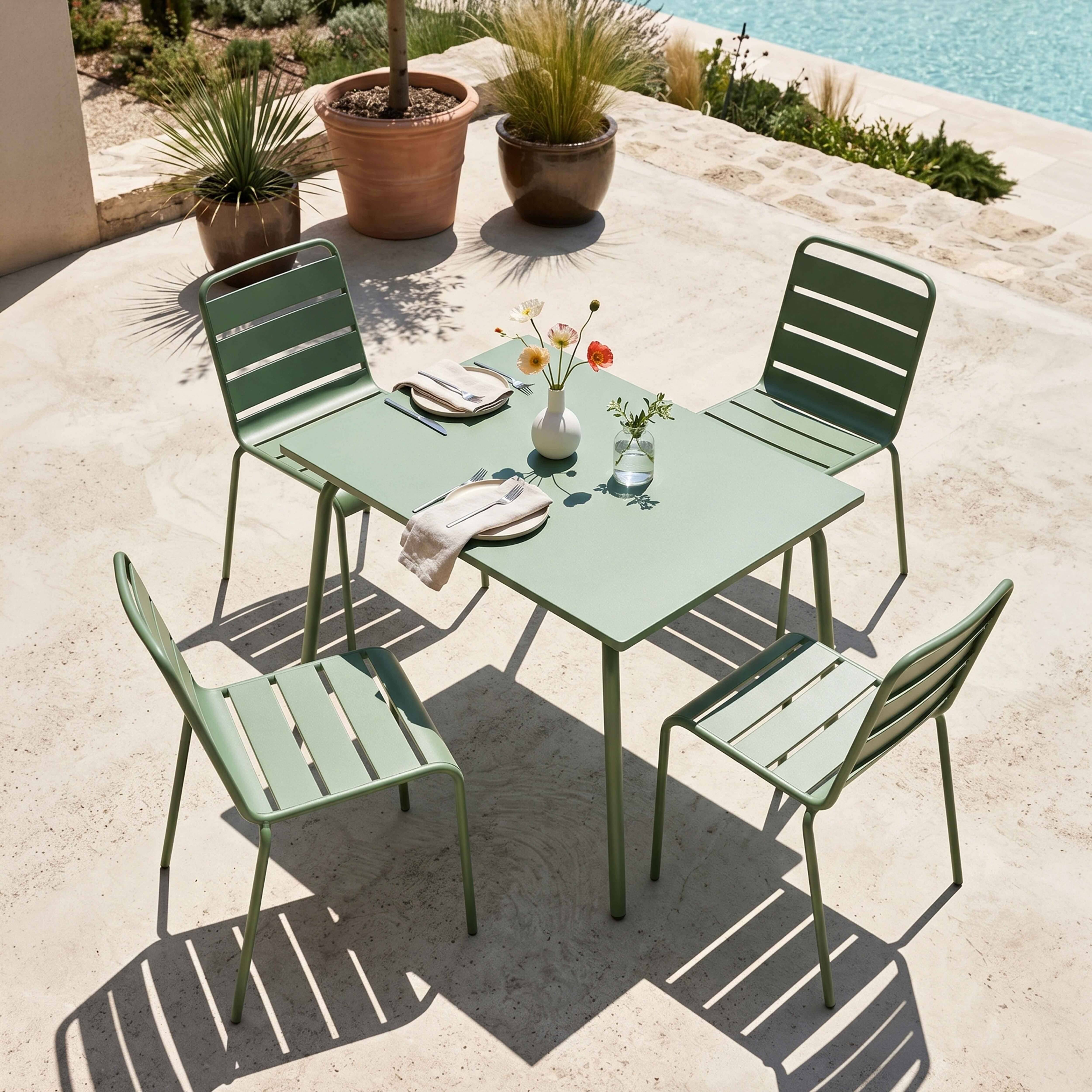 Oviala - Ensemble table de jardin en métal et 4 chaises vert cactus Palavas - Oviala - Imagen 2
