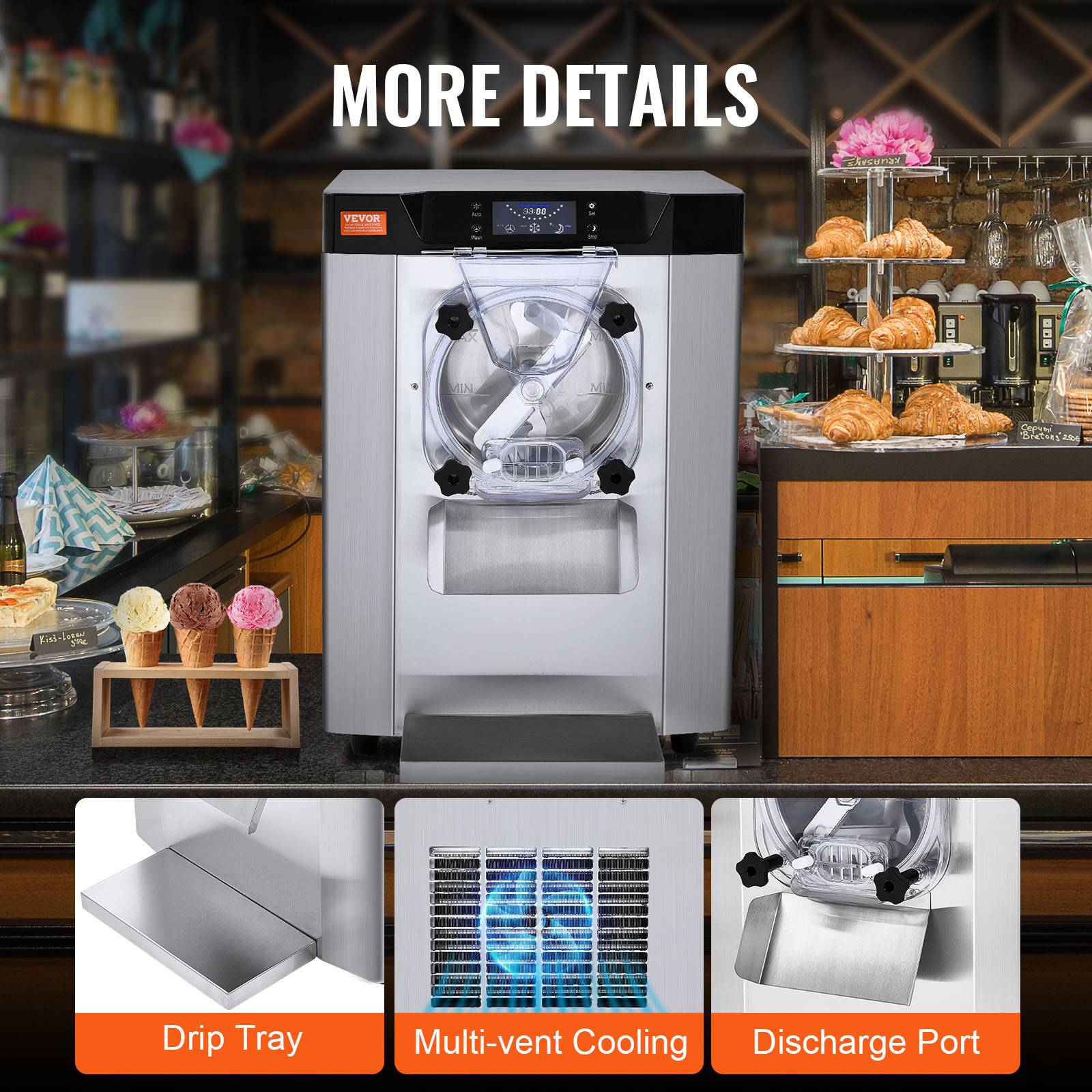 VEVOR Sorbetière commerciale 12 L/h 1295W, cylindre inox 4,5L, pré-refroidissement auto, panneau LED. - Image 6