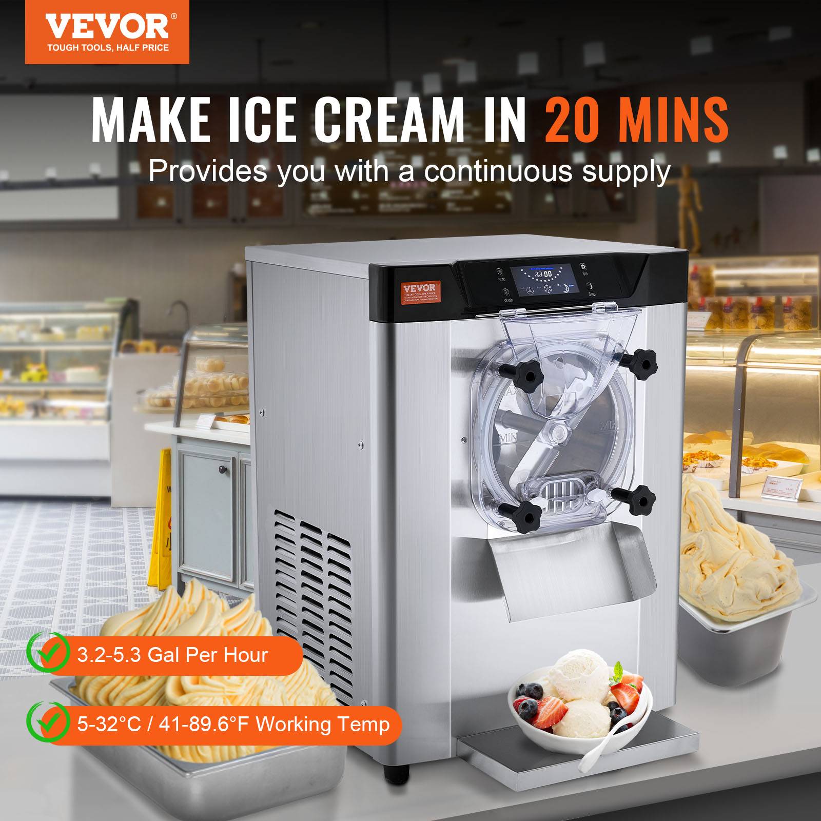 VEVOR Sorbetière commerciale 12 L/h 1295W, cylindre inox 4,5L, pré-refroidissement auto, panneau LED. - Image 2