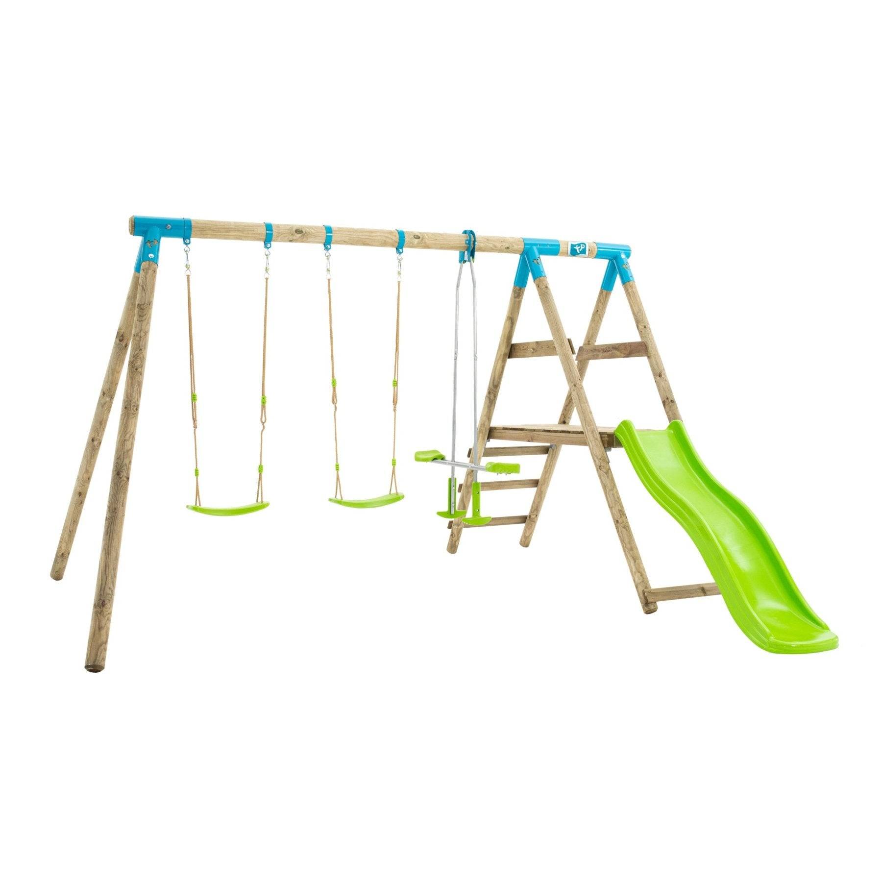 Tp Toys - Station GENÊT 2 balançoires - vis-à-vis - toboggan - kit d'ancrage - bois FSC® h209 cm - Imagen 1