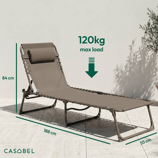 Chaise Longue Pliante taupe, transat extérieur inclinable CASABEL - Image 2