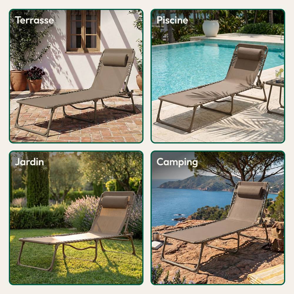 Chaise Longue Pliante taupe, transat extérieur inclinable CASABEL - Image 3