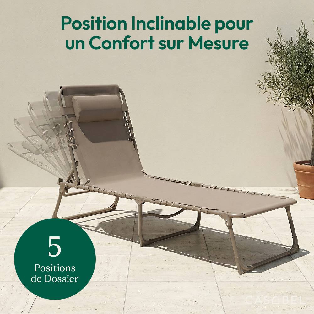 Chaise Longue Pliante taupe, transat extérieur inclinable CASABEL - Image 4