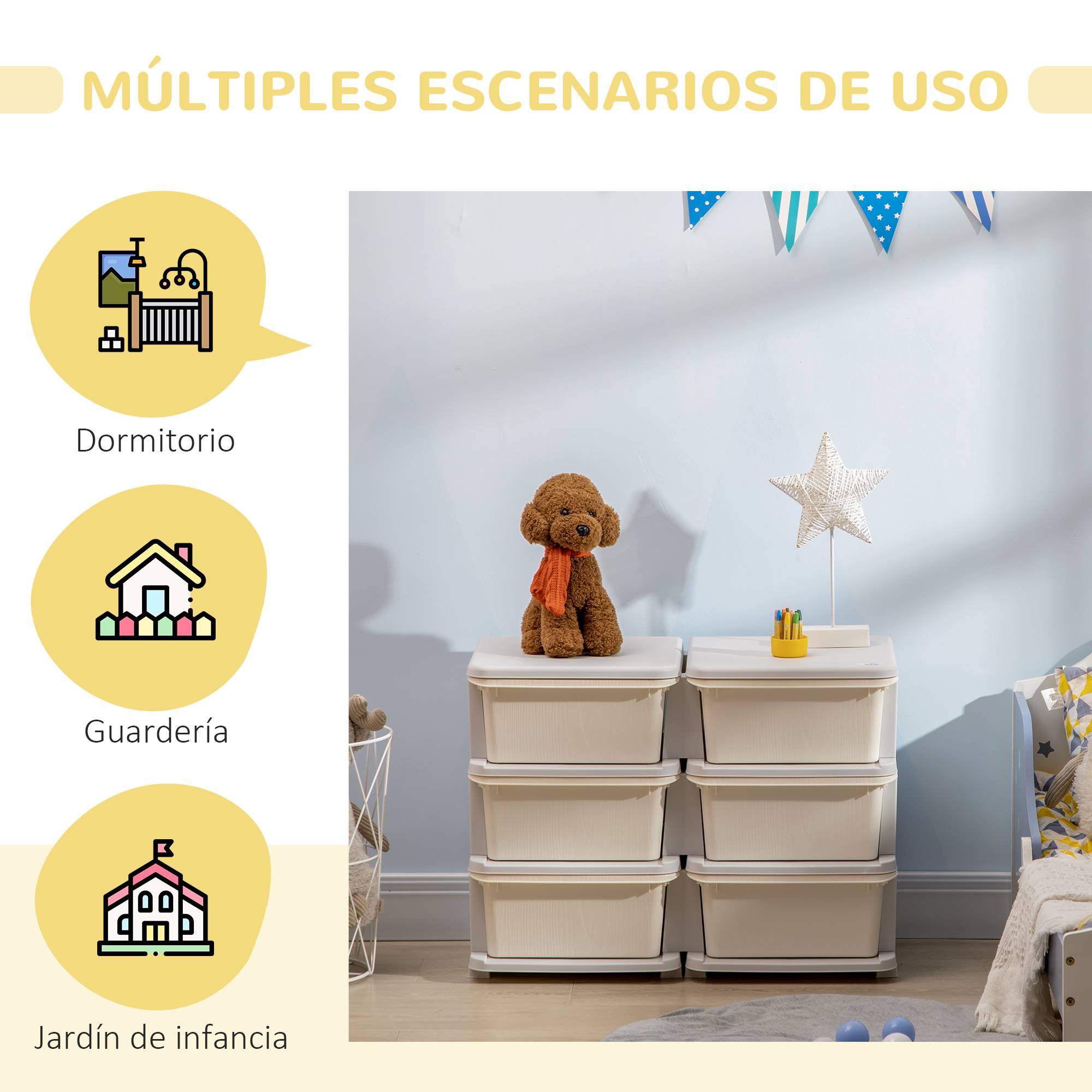 Tour de rangement pour enfants avec 6 tiroirs, organisateur de jouets avec bords arrondis et poignées, 75 x 37 x 56,5 cm, crème - Image 7