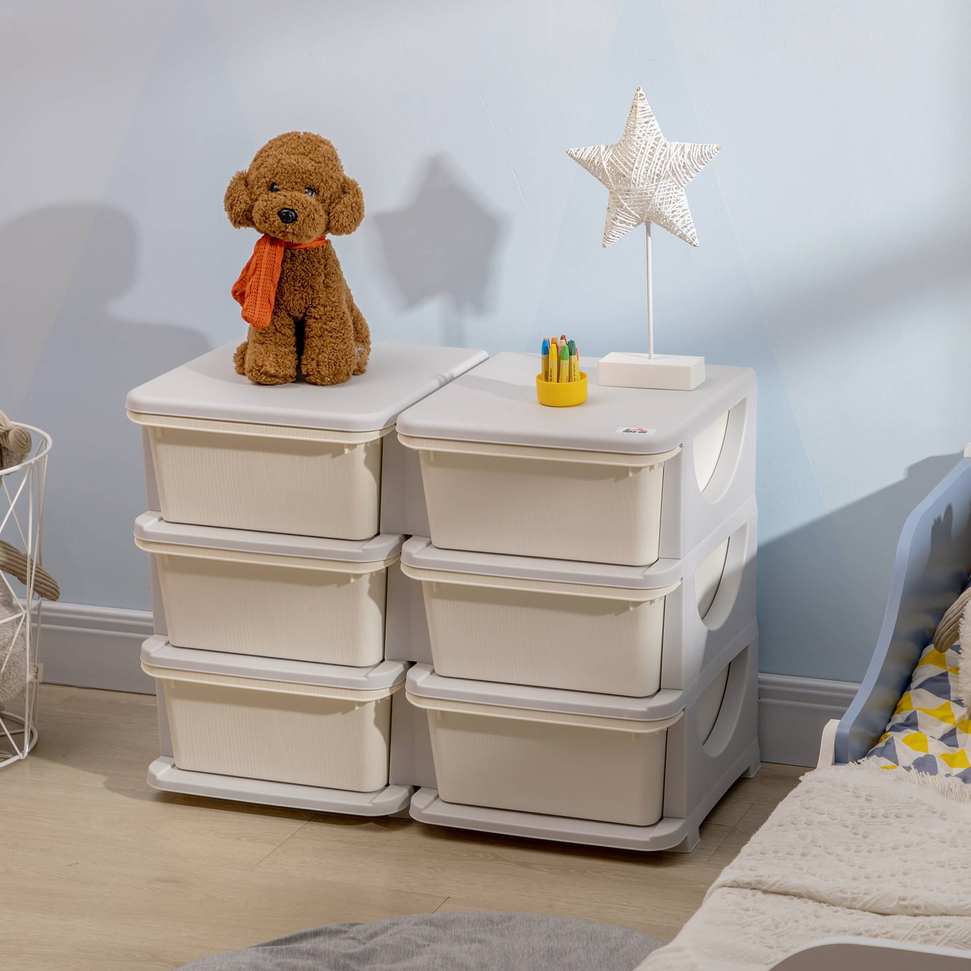 Tour de rangement pour enfants avec 6 tiroirs, organisateur de jouets avec bords arrondis et poignées, 75 x 37 x 56,5 cm, crème - Image 4