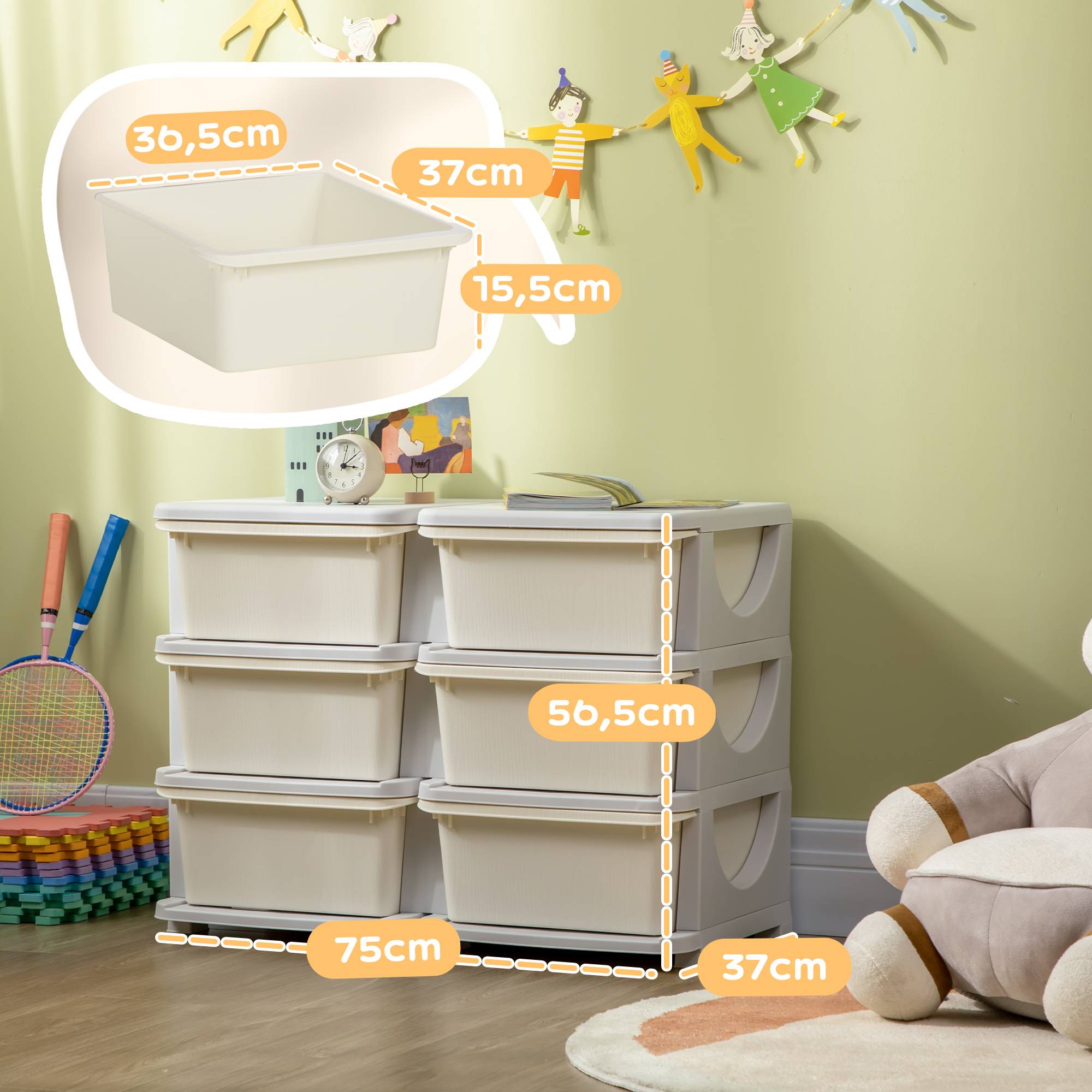 Tour de rangement pour enfants avec 6 tiroirs, organisateur de jouets avec bords arrondis et poignées, 75 x 37 x 56,5 cm, crème - Image 5