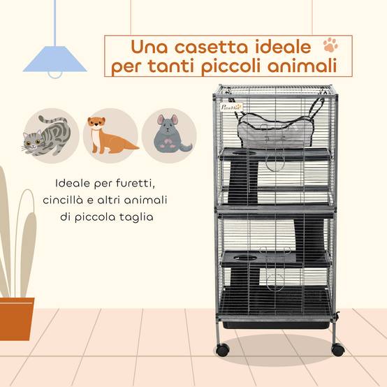 Cage rongeurs acier pour cochon d'Inde 3 niveaux avec roulettes 52x52x114cm gris - ComfortXL Outdoor Living - Image 5