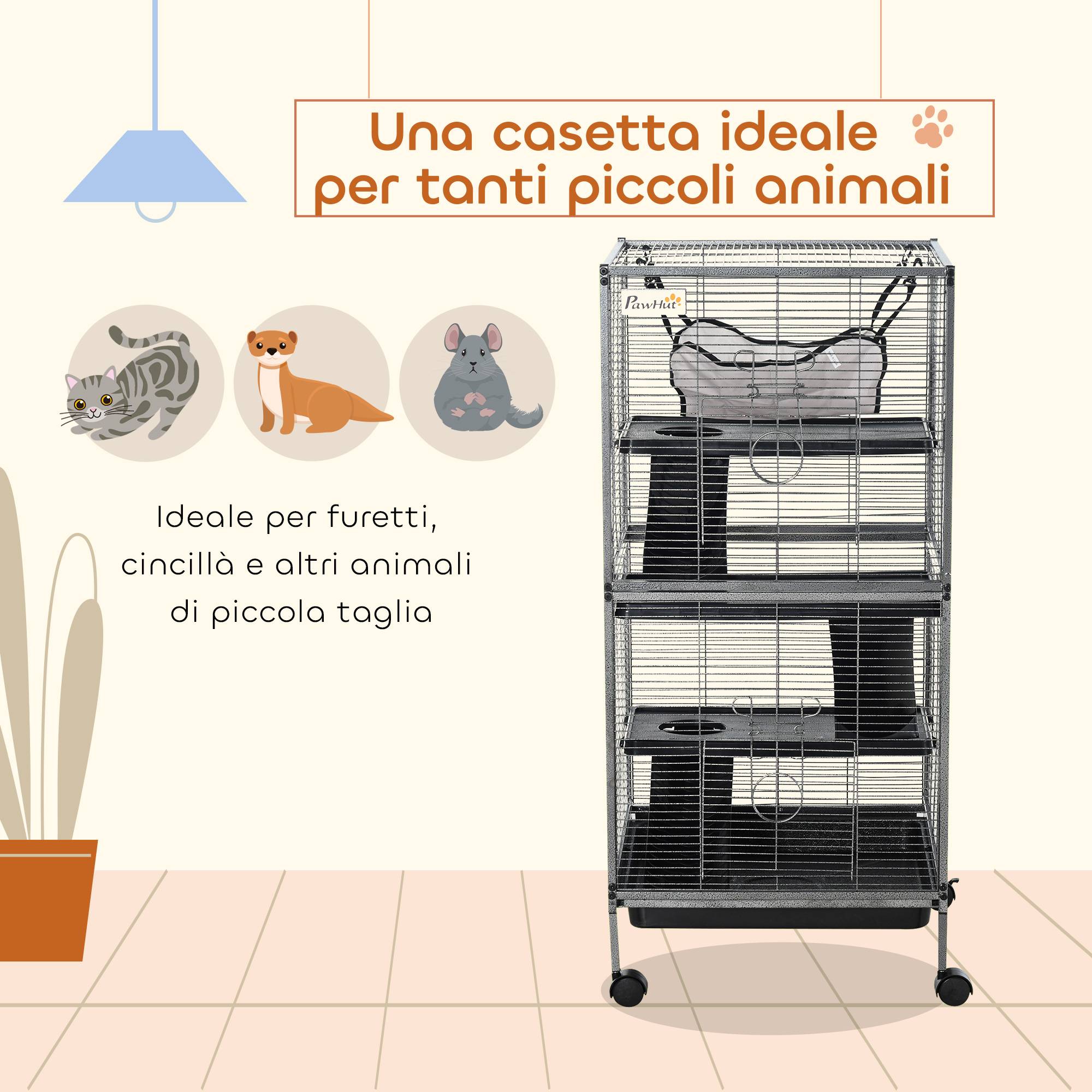 Cage rongeurs acier pour cochon d'Inde 3 niveaux avec roulettes 52x52x114cm gris - ComfortXL Outdoor Living - Image 5