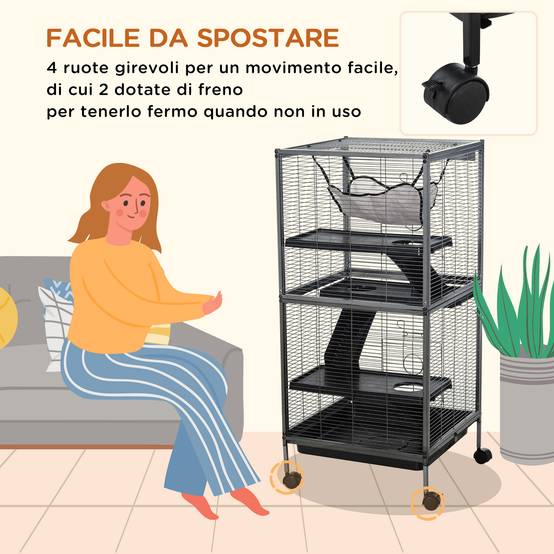 Cage rongeurs acier pour cochon d'Inde 3 niveaux avec roulettes 52x52x114cm gris - ComfortXL Outdoor Living - Image 6