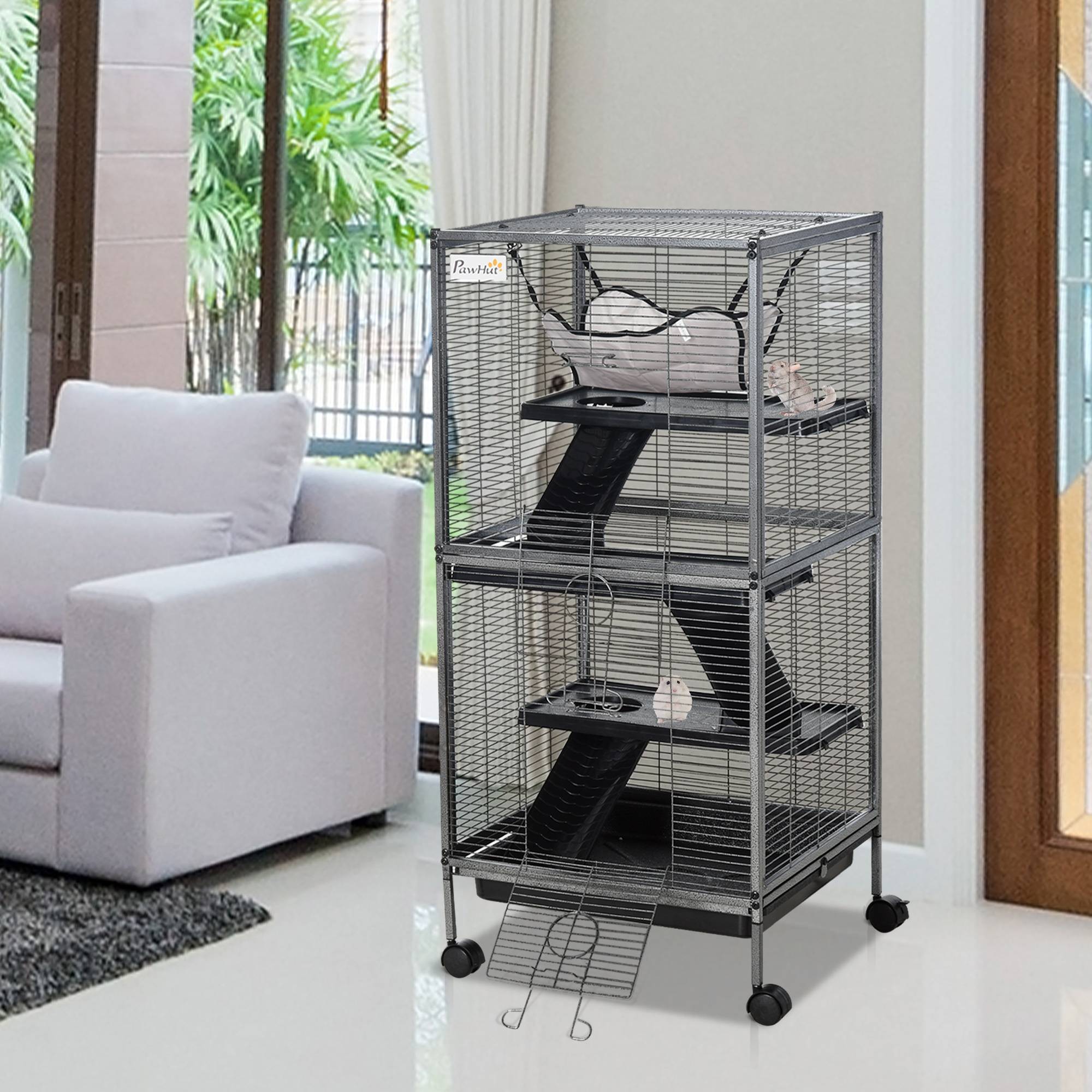 Cage rongeurs acier pour cochon d'Inde 3 niveaux avec roulettes 52x52x114cm gris - ComfortXL Outdoor Living - Image 2