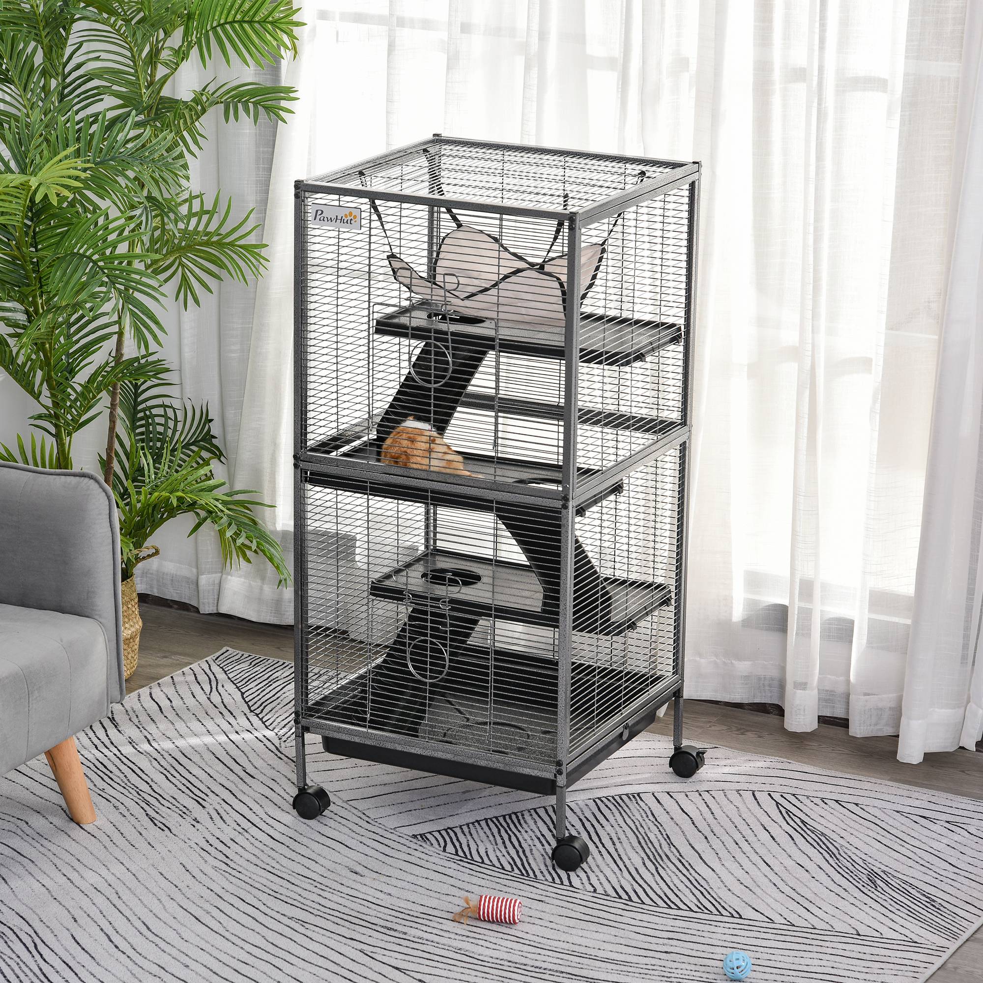 Cage rongeurs acier pour cochon d'Inde 3 niveaux avec roulettes 52x52x114cm gris - ComfortXL Outdoor Living - Image 3