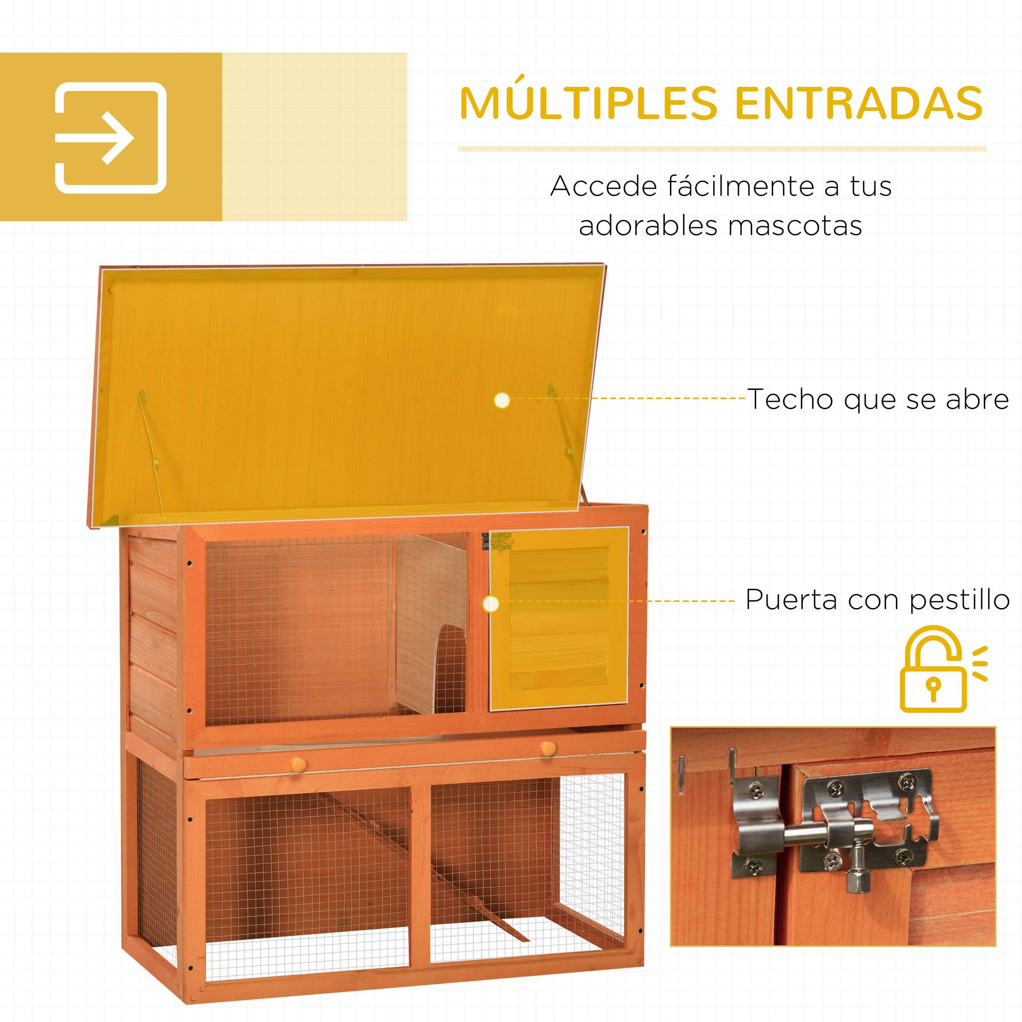 Clapier Extérieur en Bois pour Lapins et Cochons d’Inde avec Enclos Grillagé, Toit en Asphalte, Bac Amovible et Rampe, 90 x 45 x 80 cm, Naturel - Image 7