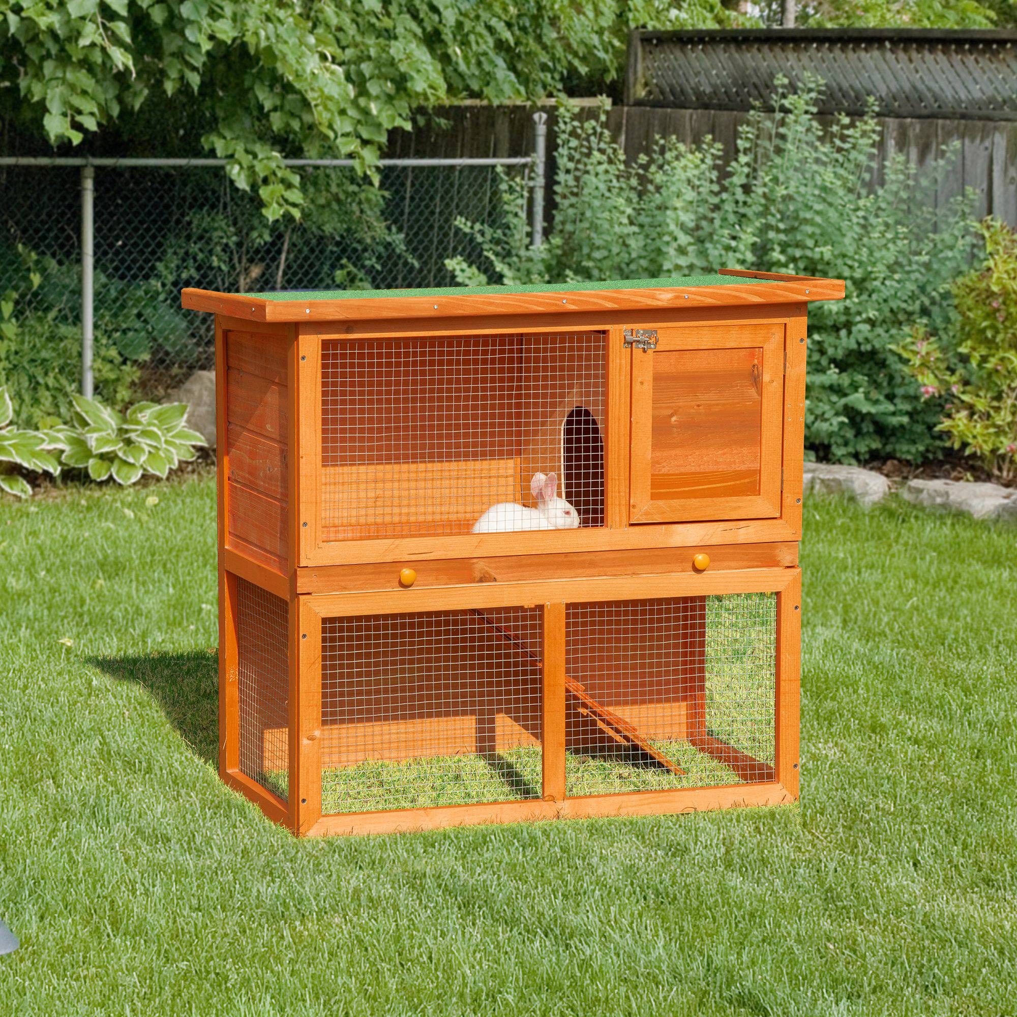 Clapier Extérieur en Bois pour Lapins et Cochons d’Inde avec Enclos Grillagé, Toit en Asphalte, Bac Amovible et Rampe, 90 x 45 x 80 cm, Naturel - Image 3