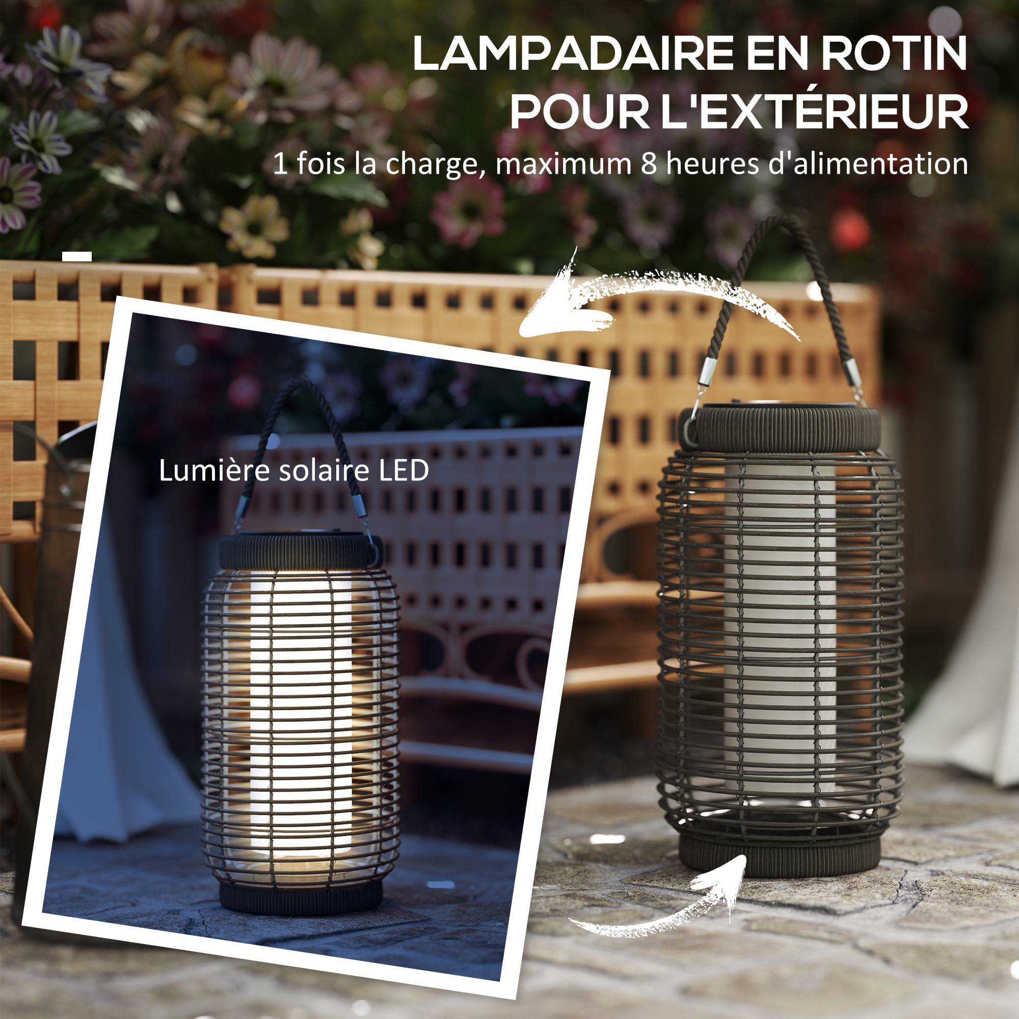 Lampadaire solaire LED extérieur résine tressée jardin terrasse allée étanche 37cm gris - ComfortXL Outdoor Living - Image 7