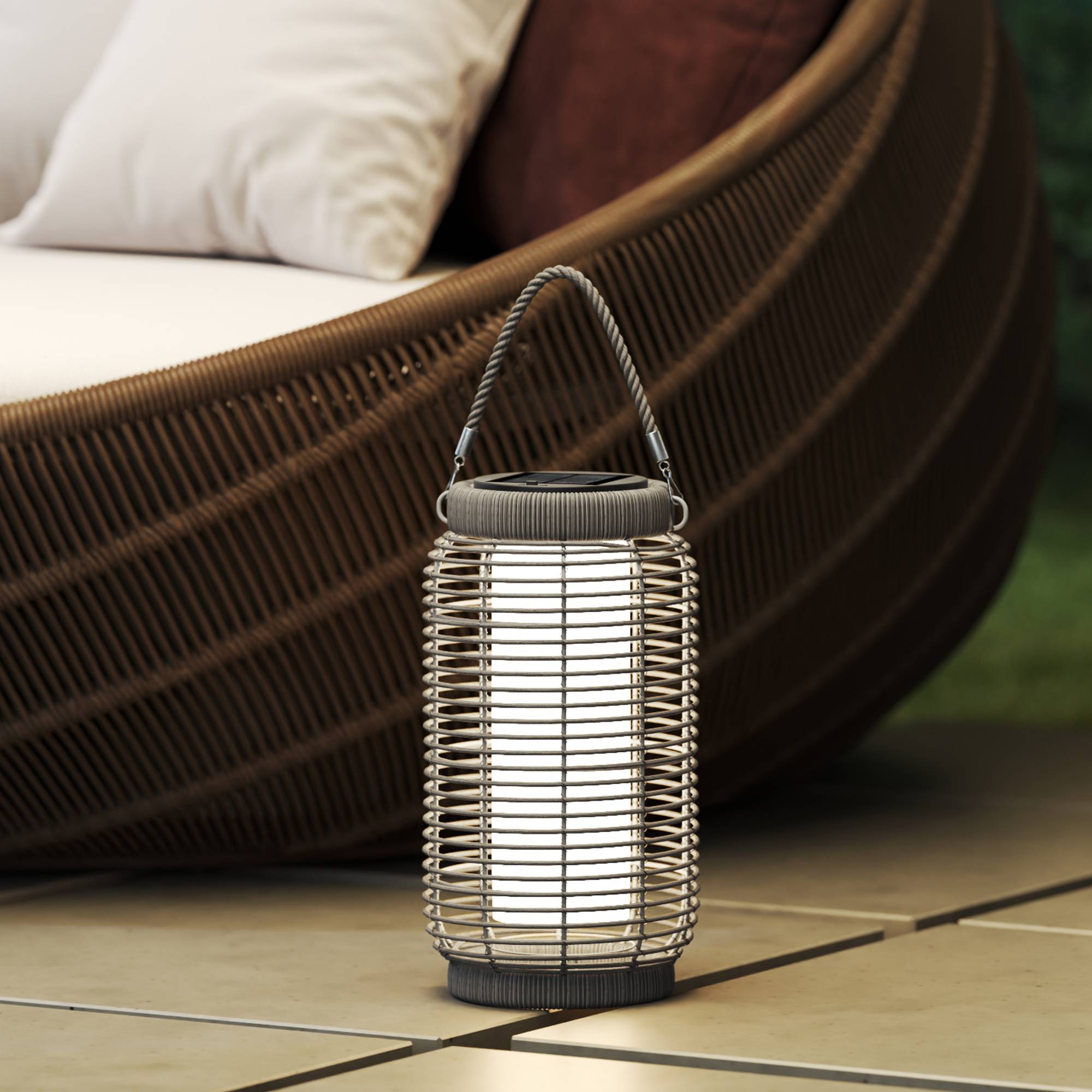 Lampadaire solaire LED extérieur résine tressée jardin terrasse allée étanche 37cm gris - ComfortXL Outdoor Living - Image 4