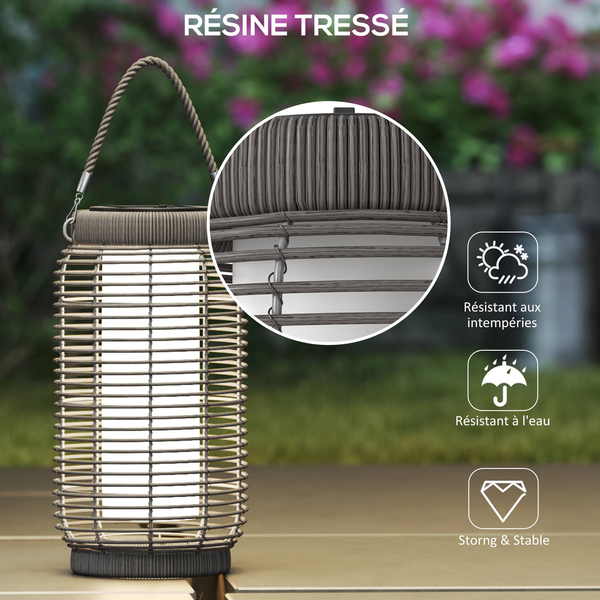 Lampadaire solaire LED extérieur résine tressée jardin terrasse allée étanche 37cm gris - ComfortXL Outdoor Living - Image 8