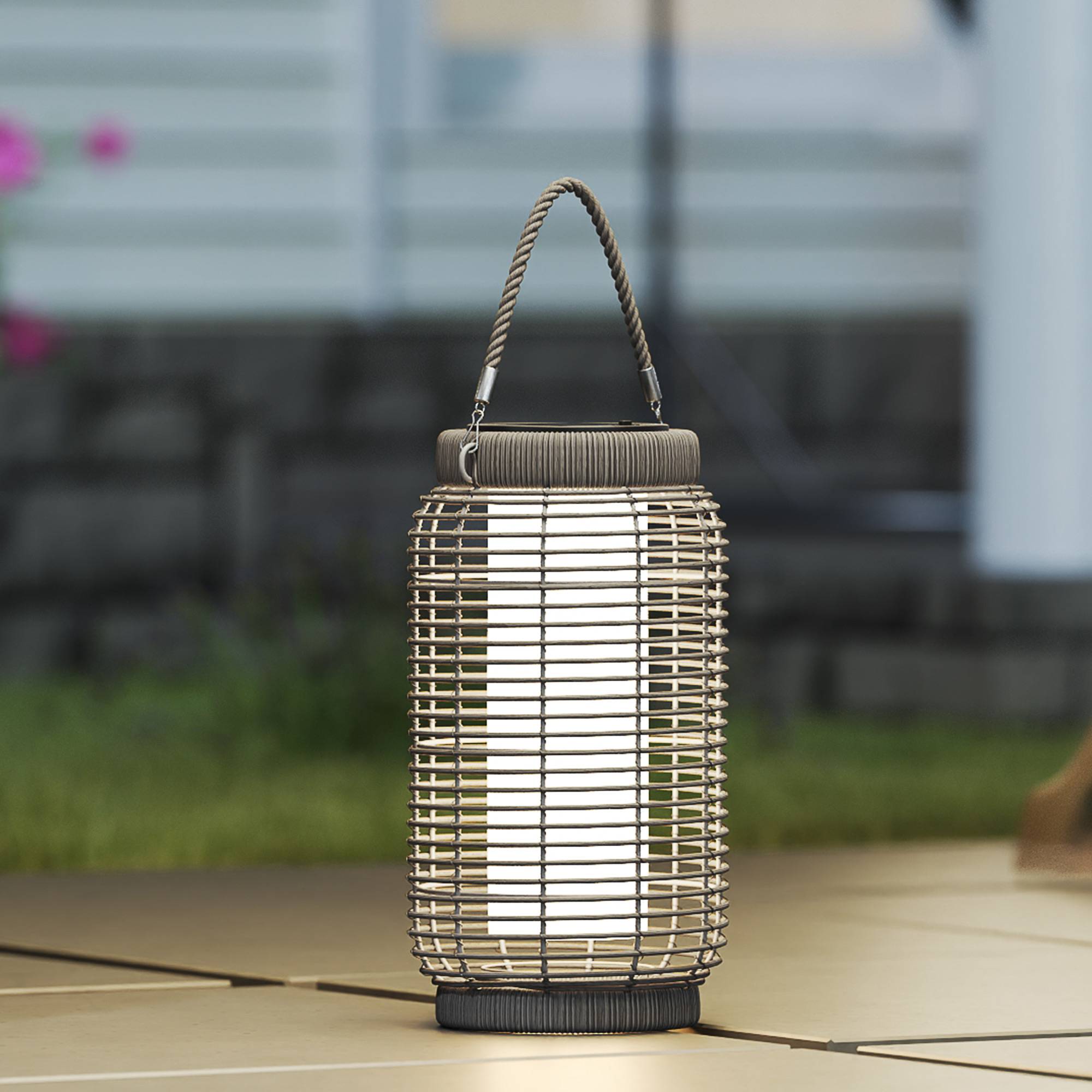 Lampadaire solaire LED extérieur résine tressée jardin terrasse allée étanche 37cm gris - ComfortXL Outdoor Living - Image 10