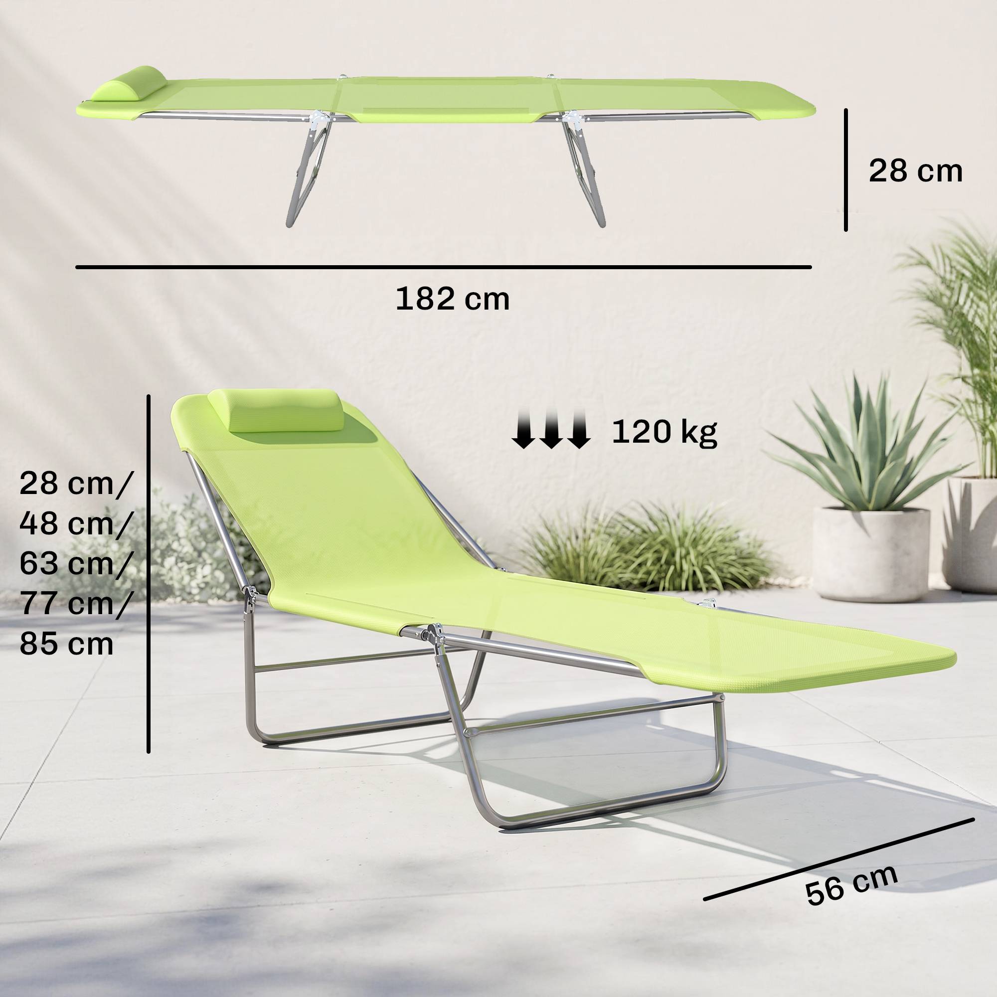 Chaise longue pliable et réglable, chaise longue de jardin avec appui-tête, chaise longue de camping, capacité 120 kg, verte - Image 5