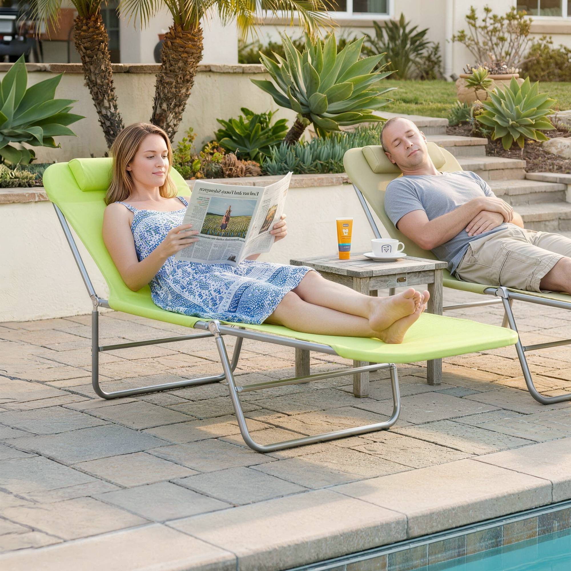 Chaise longue pliable et réglable, chaise longue de jardin avec appui-tête, chaise longue de camping, capacité 120 kg, verte - Image 4