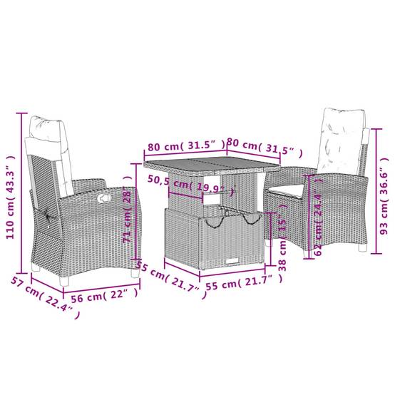 Ensemble repas jardin 2P résine tressée table relevable fauteuils inclinables Noir– ComfortXL Outdoor Living - Image 8