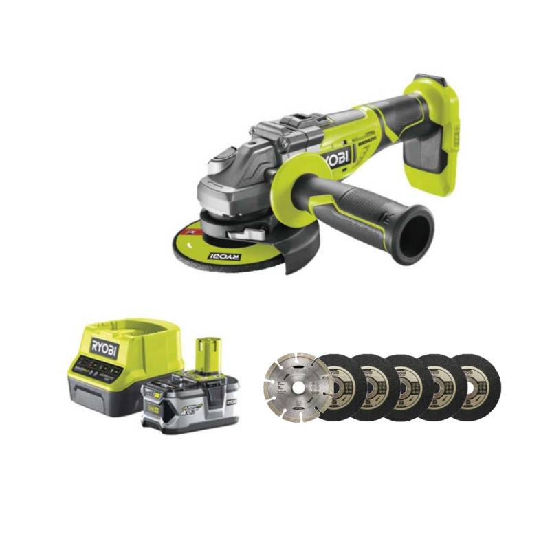 Ryobi - Pack RYOBI meuleuse d'angle brushless 18V One+ - 1 batterie 18V 4.0Ah - 1 chargeur rapide - Kit 6 disques 125 mm - Image 1
