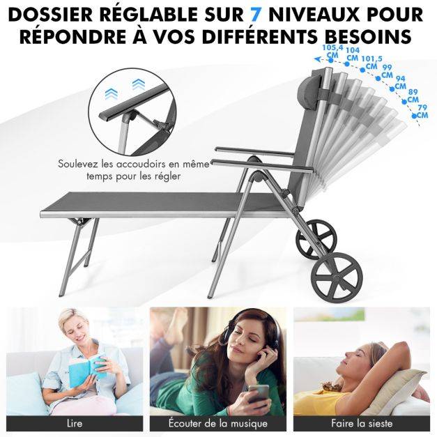Helloshop26 - Chaise longue de jardin inclinable pliable en aluminium avec roulettes 7 dossier réglable appuie-tête amovible charge 150 kg noir - Imagen 4