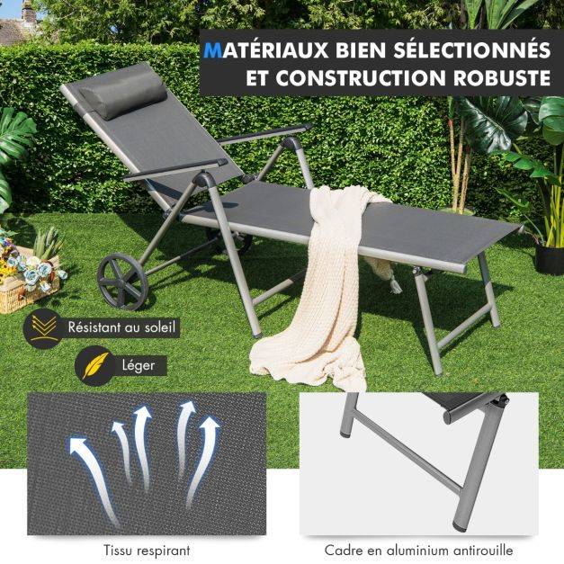 Helloshop26 - Chaise longue de jardin inclinable pliable en aluminium avec roulettes 7 dossier réglable appuie-tête amovible charge 150 kg noir - Imagen 3
