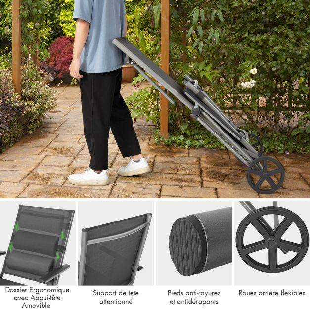 Helloshop26 - Chaise longue de jardin inclinable pliable en aluminium avec roulettes 7 dossier réglable appuie-tête amovible charge 150 kg noir - Imagen 2
